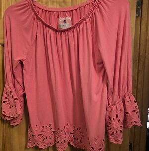 Cupio Small Petite Women's Coral Eyelet Sleeve Blouse